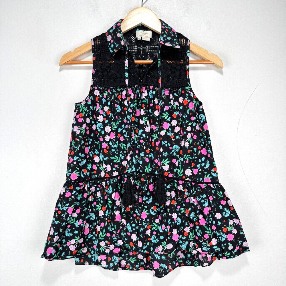Kate Spade Greenhouse Lace‎ Yolk Top Blouse Sz XXS Black Pink Floral Cotton Silk
